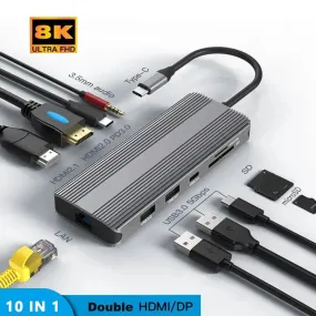 10-in-1 USB-C Docking Station with Dual 8K@30Hz HDMI, 5Gbps USB 3.0, 100W PD Charging, Gigabit Ethernet, SD/TF Card Reader, Audio, Compatible with Windows/macOS/Linux