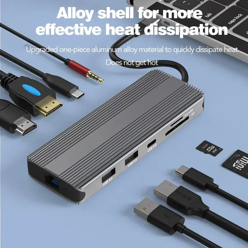 10-in-1 USB-C Docking Station with Dual 8K@30Hz HDMI, 5Gbps USB 3.0, 100W PD Charging, Gigabit Ethernet, SD/TF Card Reader, Audio, Compatible with Windows/macOS/Linux