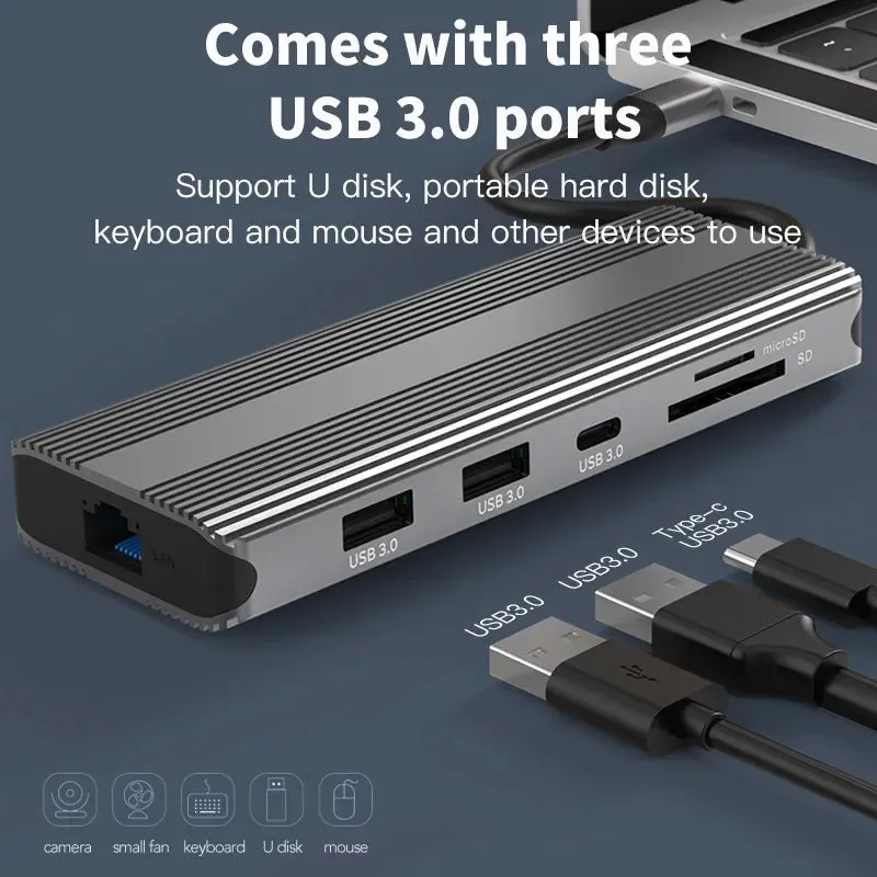 10-in-1 USB-C Docking Station with Dual 8K@30Hz HDMI, 5Gbps USB 3.0, 100W PD Charging, Gigabit Ethernet, SD/TF Card Reader, Audio, Compatible with Windows/macOS/Linux