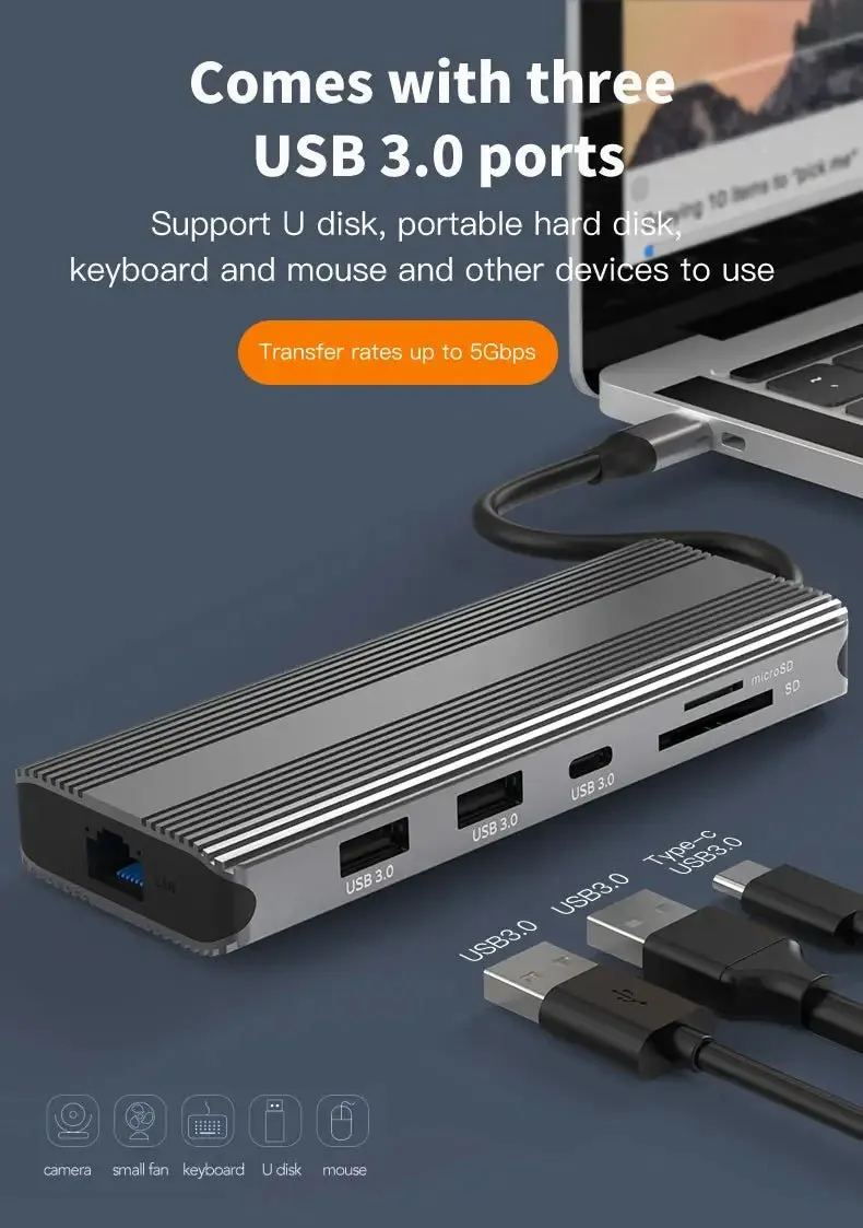 10-in-1 USB-C Docking Station with Dual 8K@30Hz HDMI, 5Gbps USB 3.0, 100W PD Charging, Gigabit Ethernet, SD/TF Card Reader, Audio, Compatible with Windows/macOS/Linux