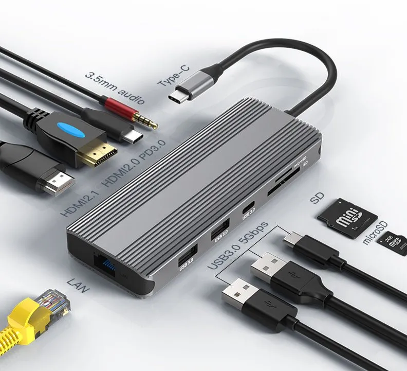 10-in-1 USB-C Docking Station with Dual 8K@30Hz HDMI, 5Gbps USB 3.0, 100W PD Charging, Gigabit Ethernet, SD/TF Card Reader, Audio, Compatible with Windows/macOS/Linux