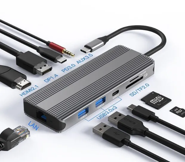 10-in-1 USB-C Docking Station with Dual 8K@30Hz HDMI, 5Gbps USB 3.0, 100W PD Charging, Gigabit Ethernet, SD/TF Card Reader, Audio, Compatible with Windows/macOS/Linux