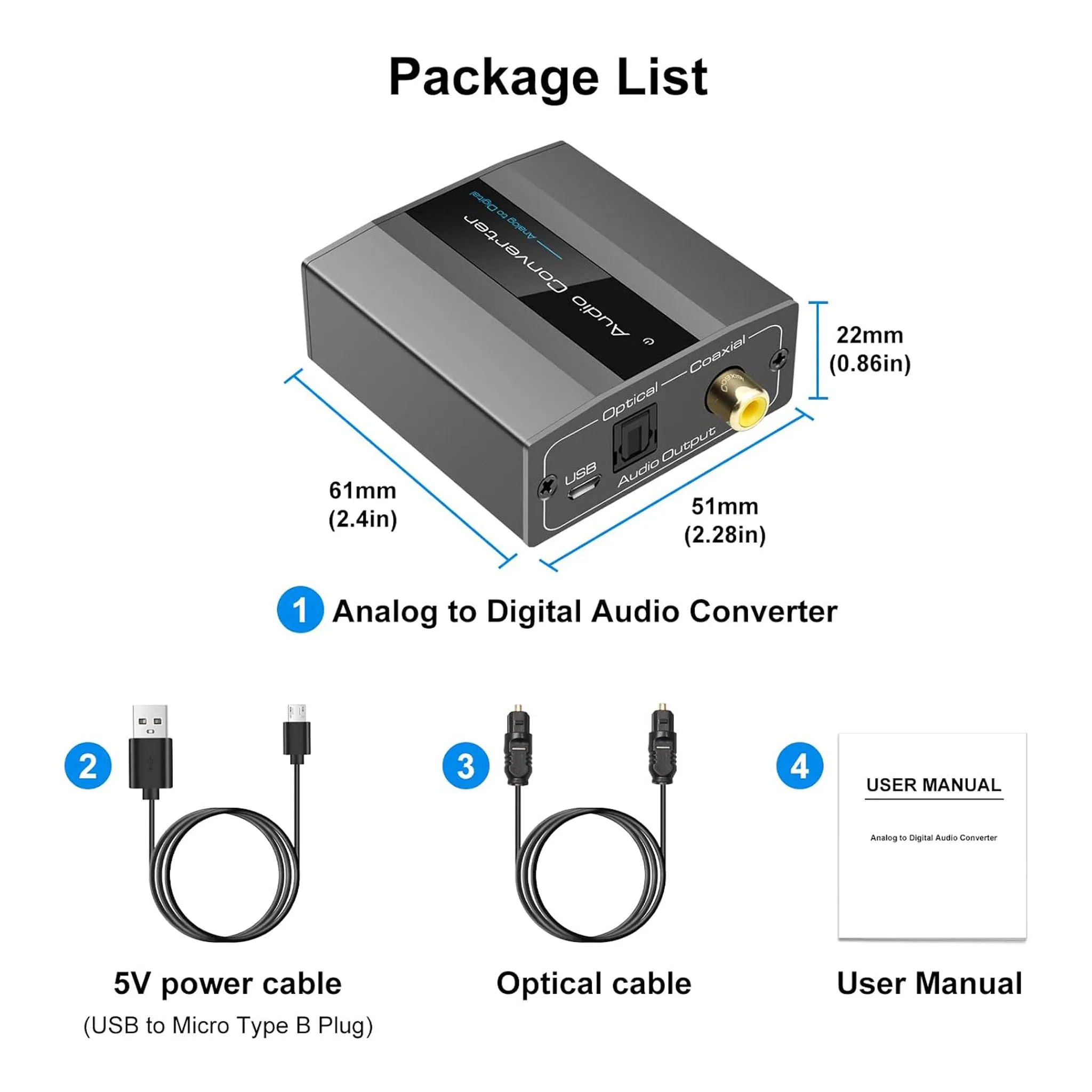 Altex Preferred MFG Analog to Digital Audio Converter - RCA Right/Left to Optical with Optical Cable 3.5mm AUX Jack to Digital Toslink and Coaxial Audio Adapter