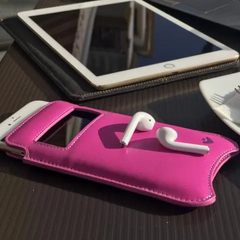 Apple iPhone 14 Pro Max Sleeve Case | Pink Leather | Screen Cleaning Sanitizing Lining | Smart Window