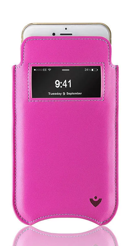 Apple iPhone 14 Pro Max Sleeve Case | Pink Leather | Screen Cleaning Sanitizing Lining | Smart Window