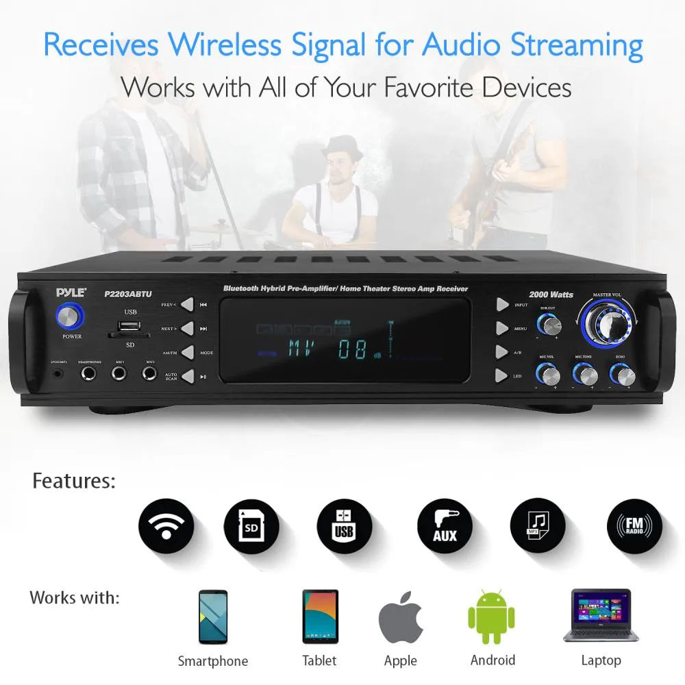 Bluetooth Hybrid Pre-Amplifier, Home Theater Stereo Amp Receiver, Usb/Sd/Mp3/Aux/Am/Fm, 2000 Watt