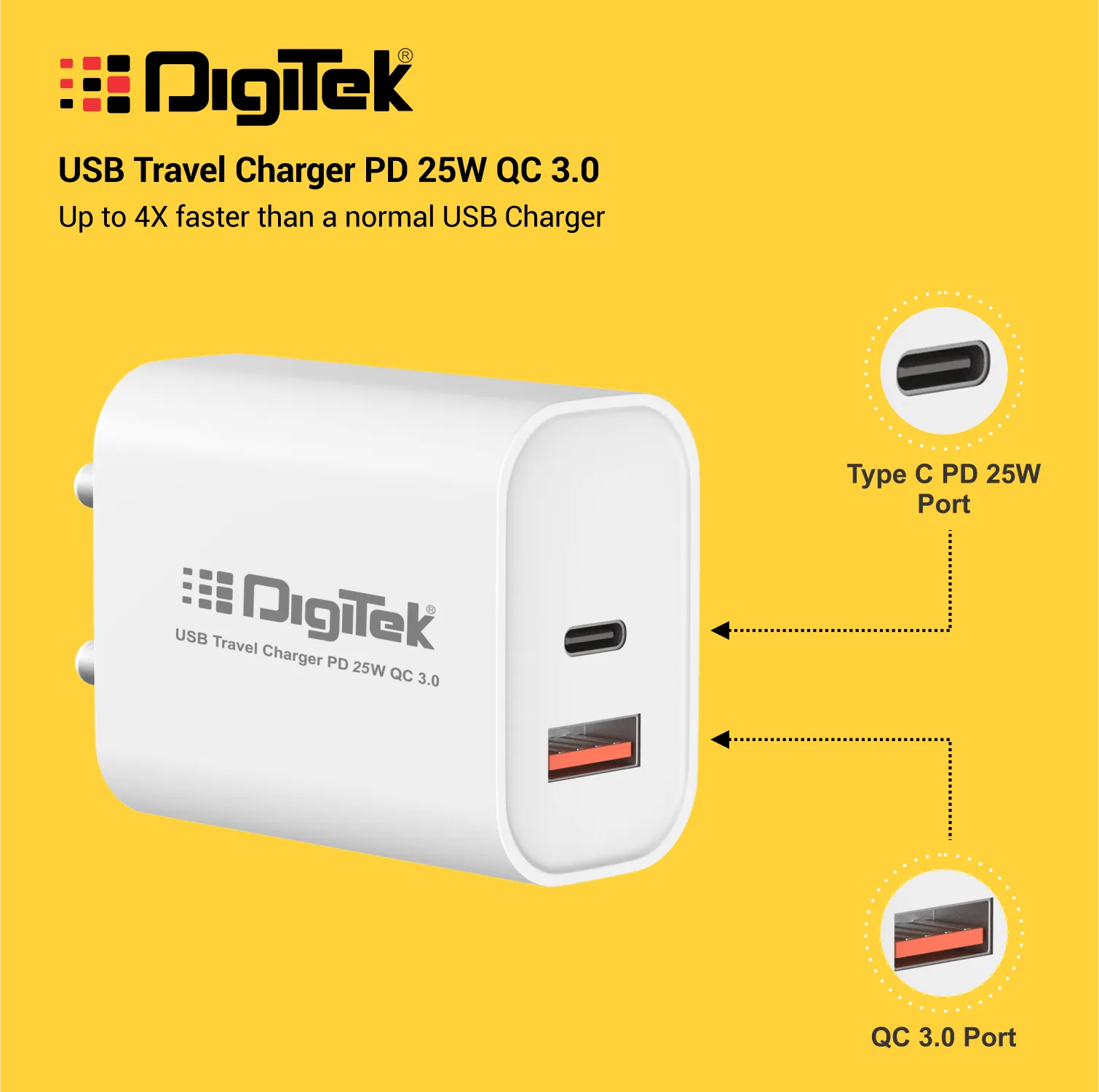 Digitek (DMQC PD25W) 25W USB-C PD & QC Power Delivery PD3.0 Dual Port Fast Wall Charger for Lightning and Type-C Devices DMQC PD25W
