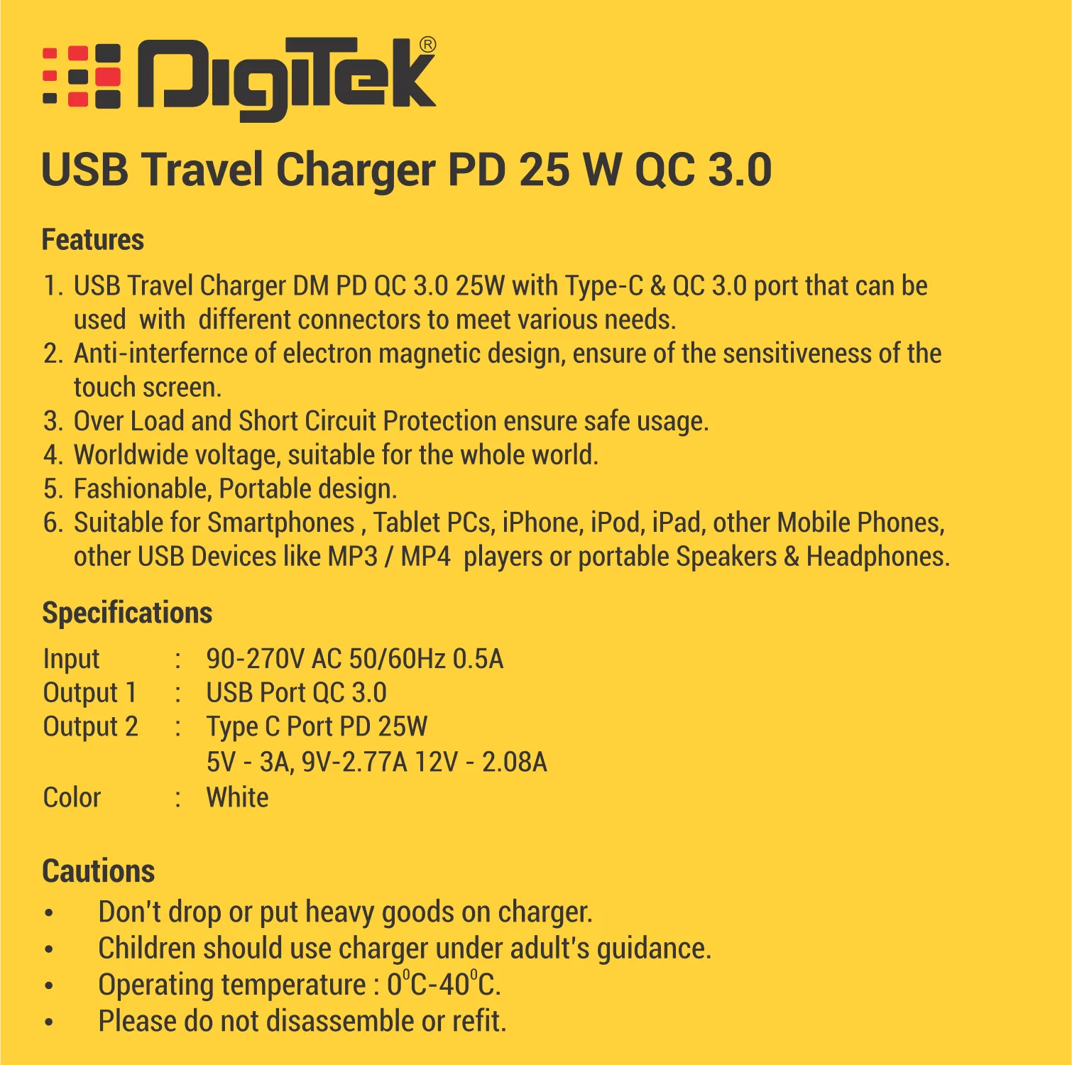 Digitek (DMQC PD25W) 25W USB-C PD & QC Power Delivery PD3.0 Dual Port Fast Wall Charger for Lightning and Type-C Devices DMQC PD25W