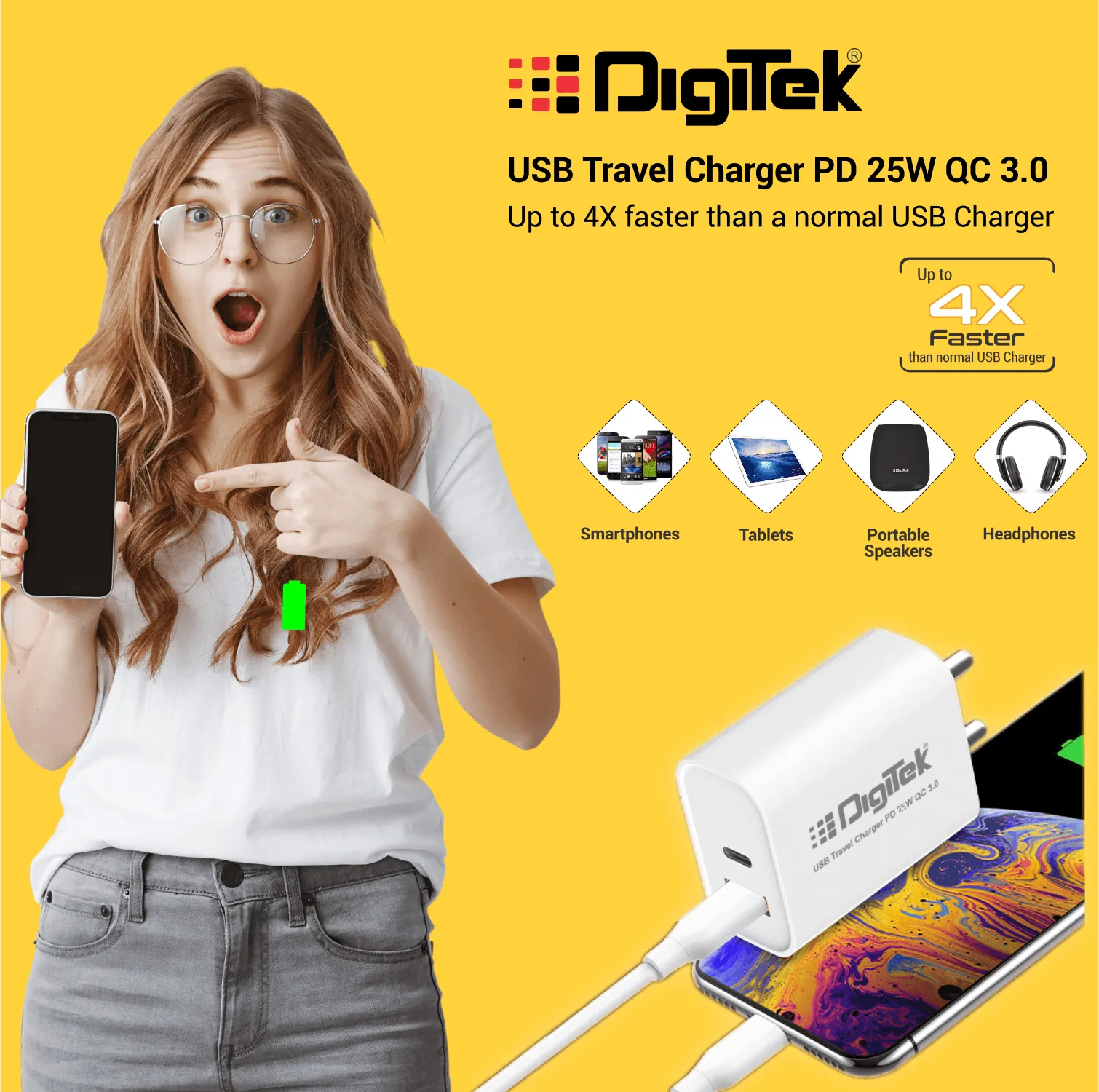 Digitek (DMQC PD25W) 25W USB-C PD & QC Power Delivery PD3.0 Dual Port Fast Wall Charger for Lightning and Type-C Devices DMQC PD25W