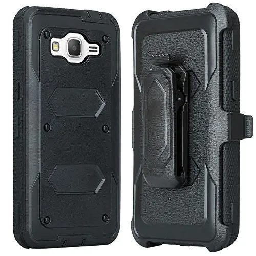 Galaxy On5 Case, 3-in-1 Shockproof Armor [Built in Screen Protector] Heavy Duty Holster Shell Combo Case for Samsung Galaxy On5 - Black