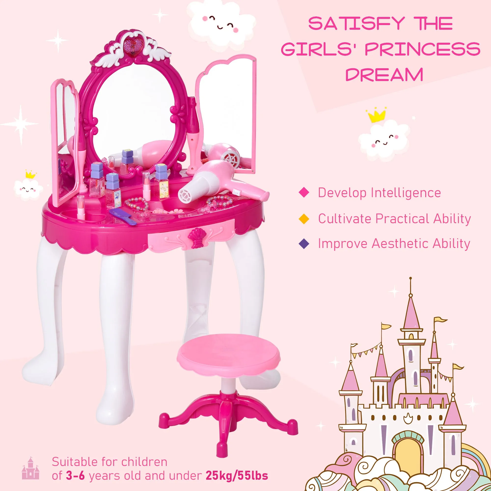 HOMCOM Kids  Vanity Table Set -  Purple & Red