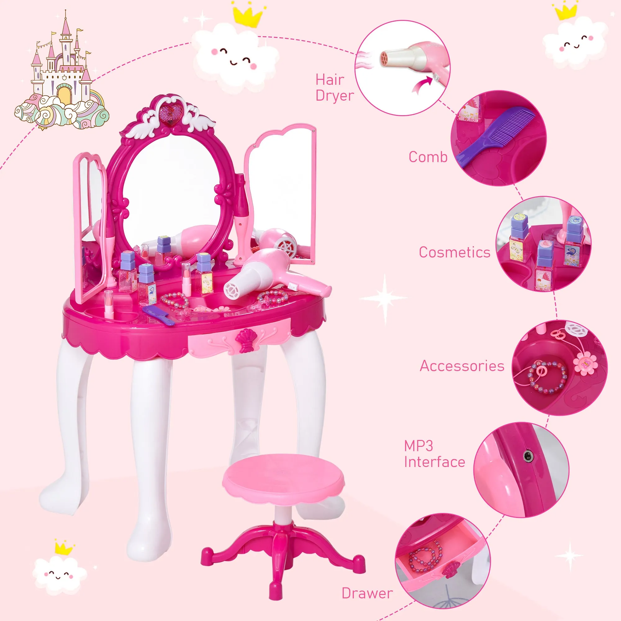 HOMCOM Kids  Vanity Table Set -  Purple & Red