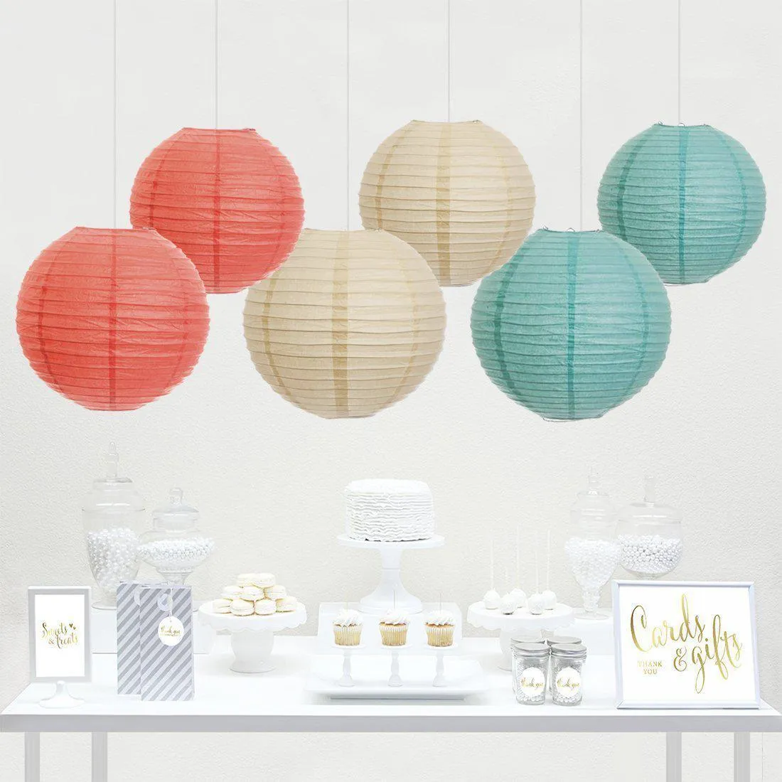Ivory, Coral, Diamond Blue Hanging Paper Lanterns Decorative Kit