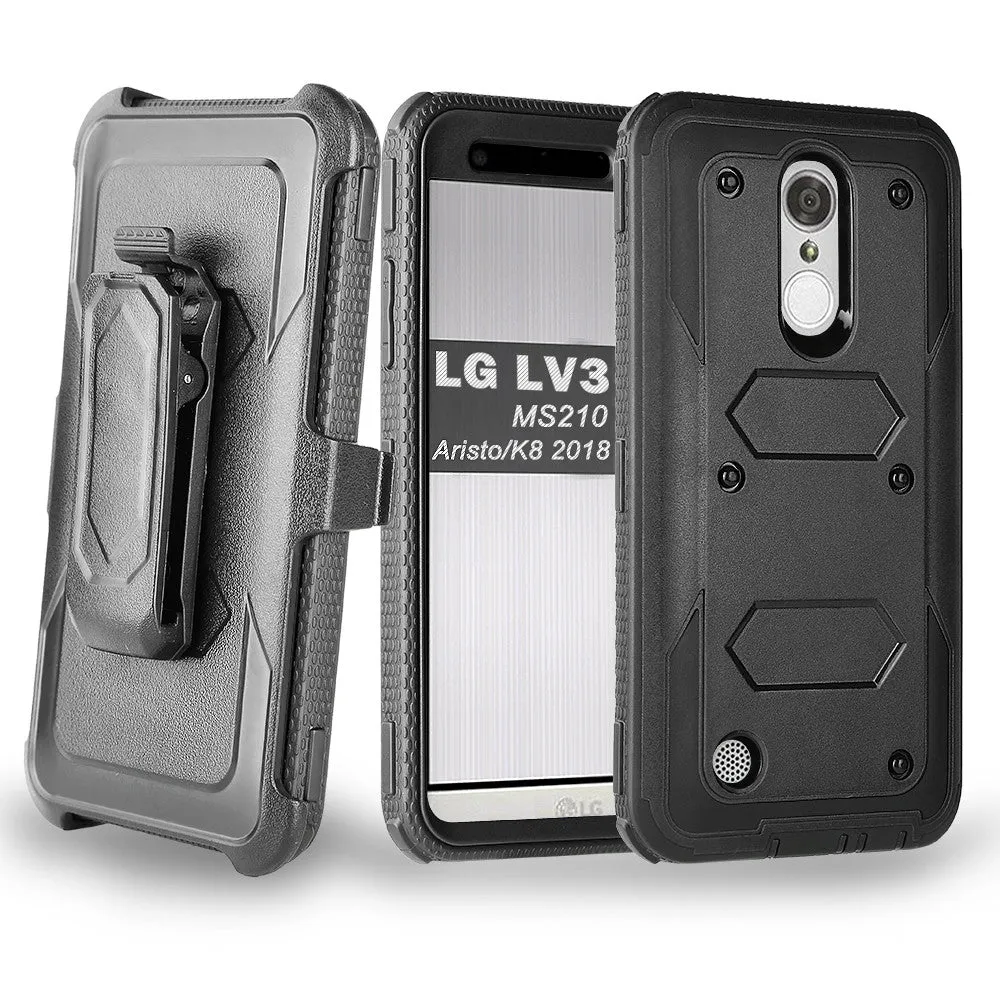 LG Aristo 2 Plus Case, Aristo 2, LG Tribute Dynasty, Rebel 3, Zone 4, Triple Protection 3-1 w/ Built in Screen Protector Heavy Duty Holster Shell Combo Case - Black