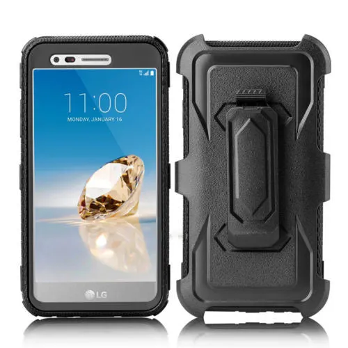 LG Aristo 2 Plus Case, Aristo 2, LG Tribute Dynasty, Rebel 3, Zone 4, Triple Protection 3-1 w/ Built in Screen Protector Heavy Duty Holster Shell Combo Case - Black