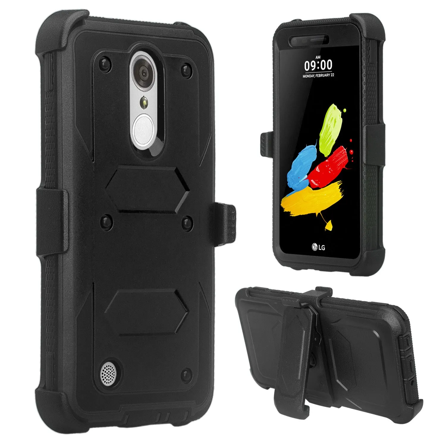 LG Aristo 2 Plus Case, Aristo 2, LG Tribute Dynasty, Rebel 3, Zone 4, Triple Protection 3-1 w/ Built in Screen Protector Heavy Duty Holster Shell Combo Case - Black