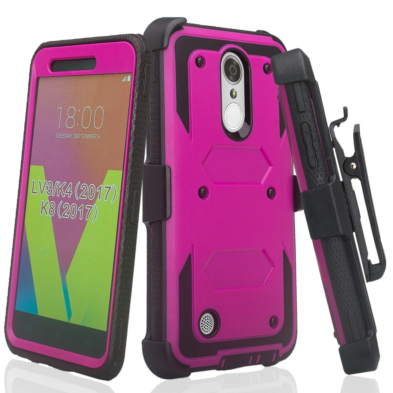 LG Aristo Case, K4 2017, K8 2017, Risio 2, Phoenix 3, Fortune, Triple Protection 3-1 w/ Built in Screen Protector Heavy Duty Holster Shell Combo Case - Purple