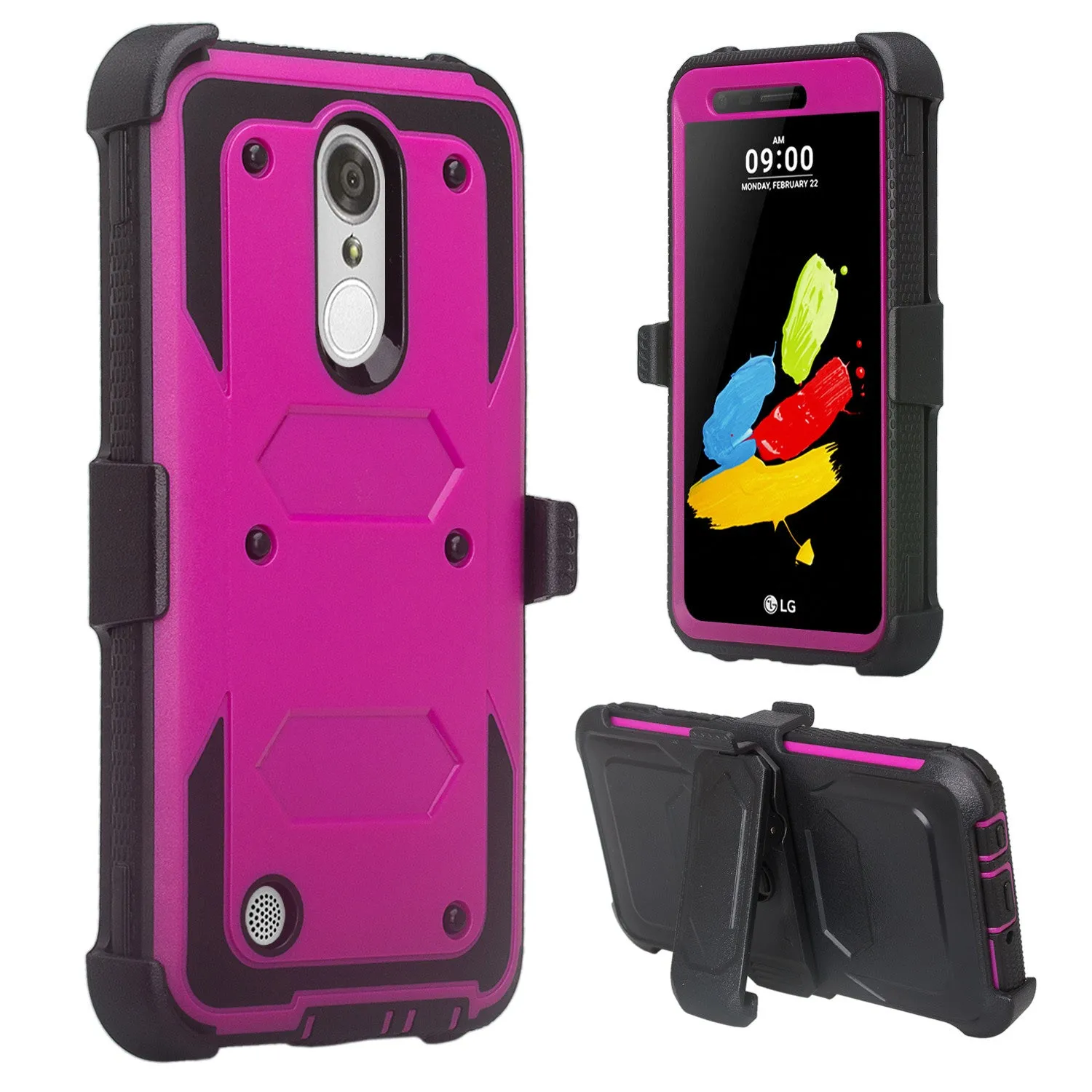 LG Aristo Case, K4 2017, K8 2017, Risio 2, Phoenix 3, Fortune, Triple Protection 3-1 w/ Built in Screen Protector Heavy Duty Holster Shell Combo Case - Purple
