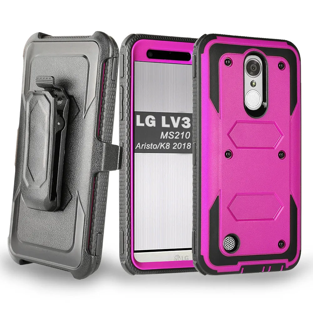 LG Aristo Case, K4 2017, K8 2017, Risio 2, Phoenix 3, Fortune, Triple Protection 3-1 w/ Built in Screen Protector Heavy Duty Holster Shell Combo Case - Purple