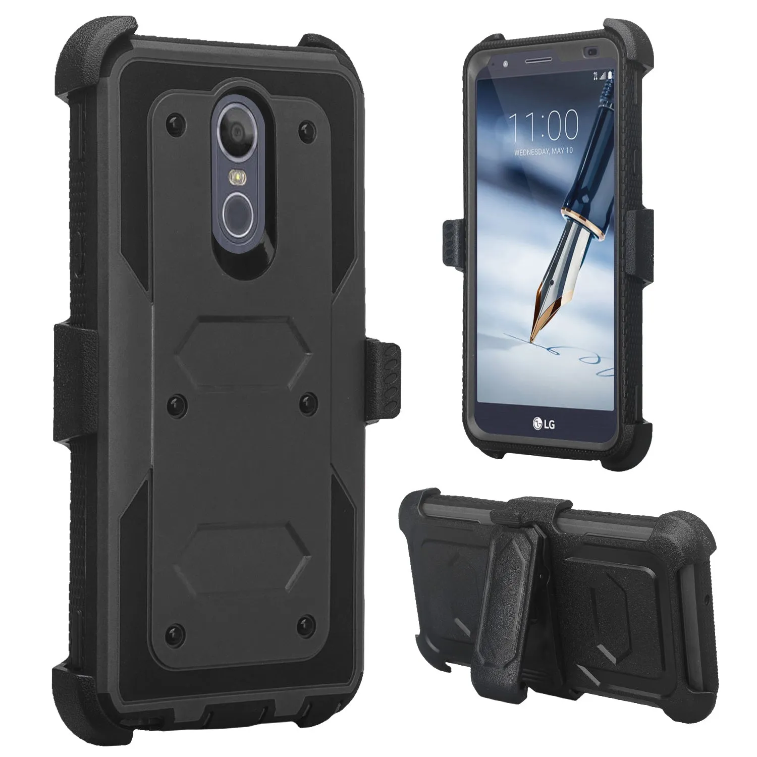 LG Escape Plus Case, Arena 2, K30 2019, Triple Protection 3-1 w/ Built in Screen Protector Heavy Duty Holster Shell Combo Case - Black