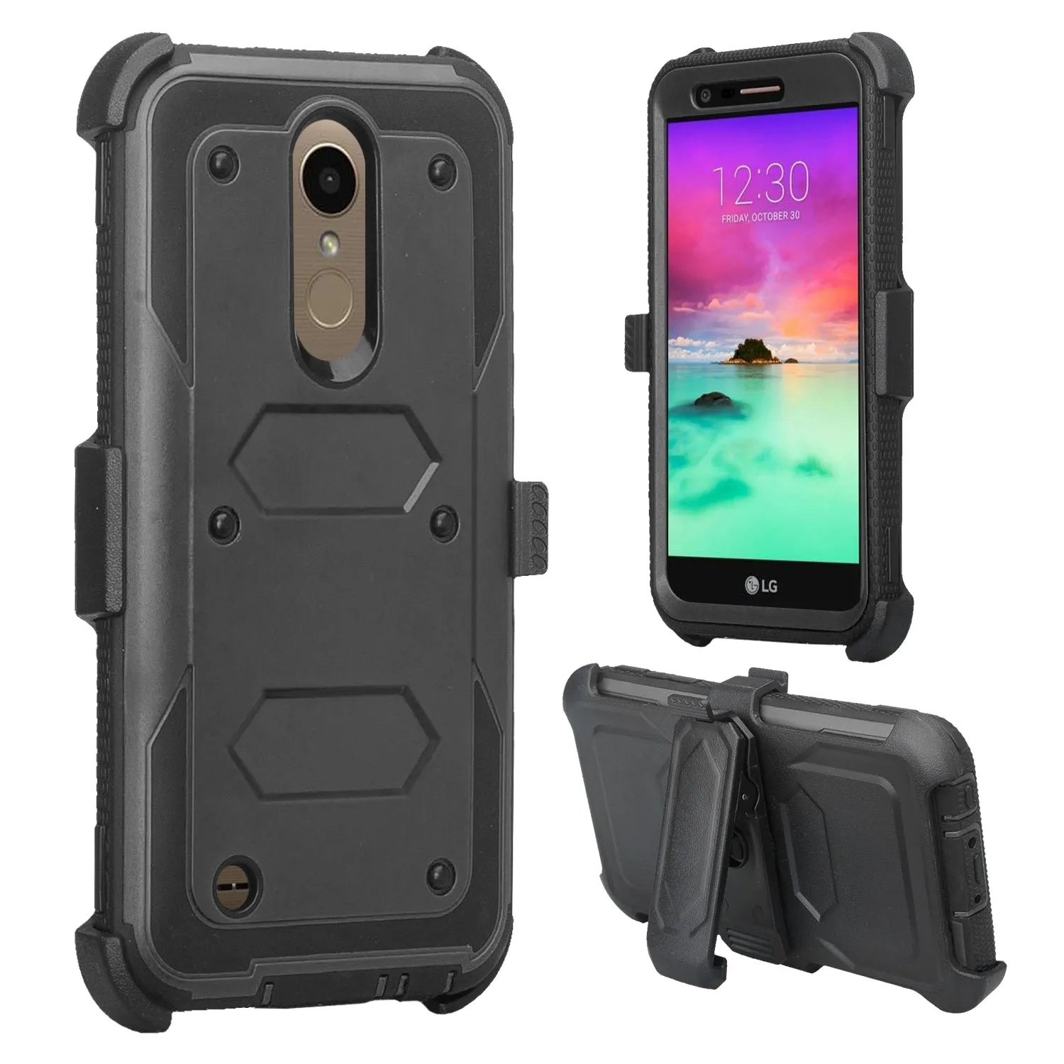 LG K20 Plus Case, LG K20 V, K10 2017 Case, Triple Protection 3-1 w/ Built in Screen Protector Heavy Duty Holster Shell Combo Cover - Black