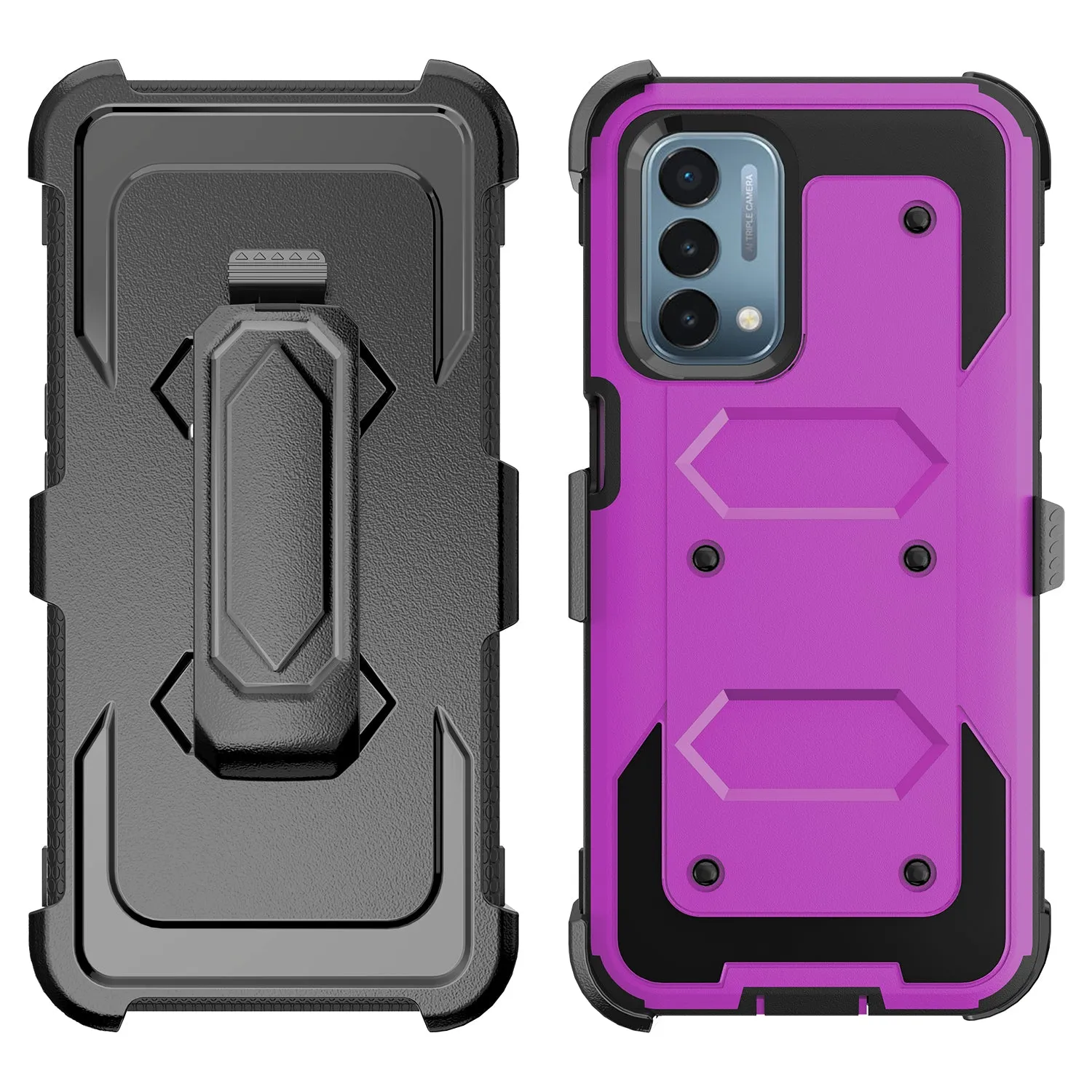 OnePlus Nord N200 5G Case, Nord N200 5G Case, Triple Protection 3-1 w/ Built in Screen Protector Heavy Duty Holster Shell Combo Clip Cover - Purple