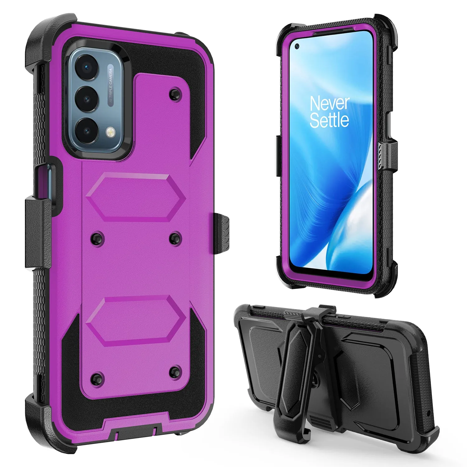 OnePlus Nord N200 5G Case, Nord N200 5G Case, Triple Protection 3-1 w/ Built in Screen Protector Heavy Duty Holster Shell Combo Clip Cover - Purple