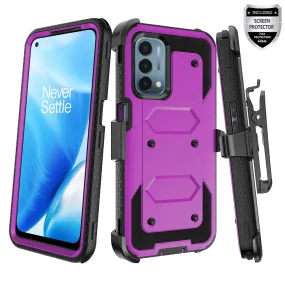 OnePlus Nord N200 5G Case, Nord N200 5G Case, Triple Protection 3-1 w/ Built in Screen Protector Heavy Duty Holster Shell Combo Clip Cover - Purple