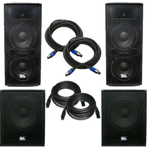 Pair of Dual 12" PA Speakers, Pair of Powered 18" Subs, and Cables