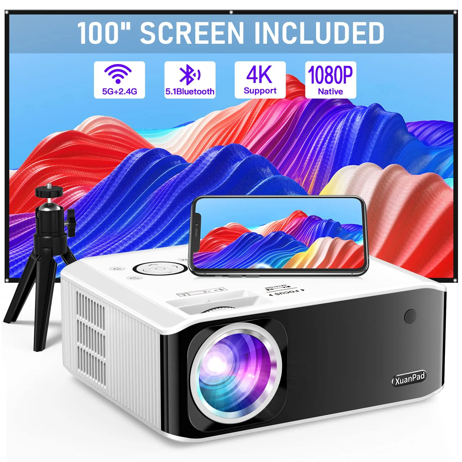 Projector, XuanPad 2024 Upgraded Native 1080P 5G WiFi Bluetooth Projector 4K Supported, 6D/4P Keystone Correction, Zoom, 15000L Mini Projector with Screen and Tripod for iOS/Android/TV Stick