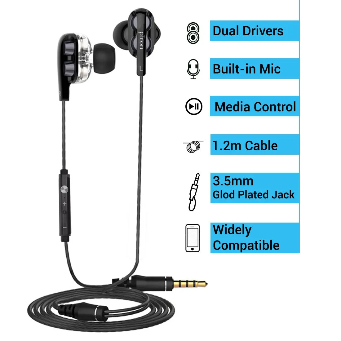 PTron Boom Ultima 4D Deep Bass Stereo Earphones Dual Driver Sports Headset with Mic for All Smartphones