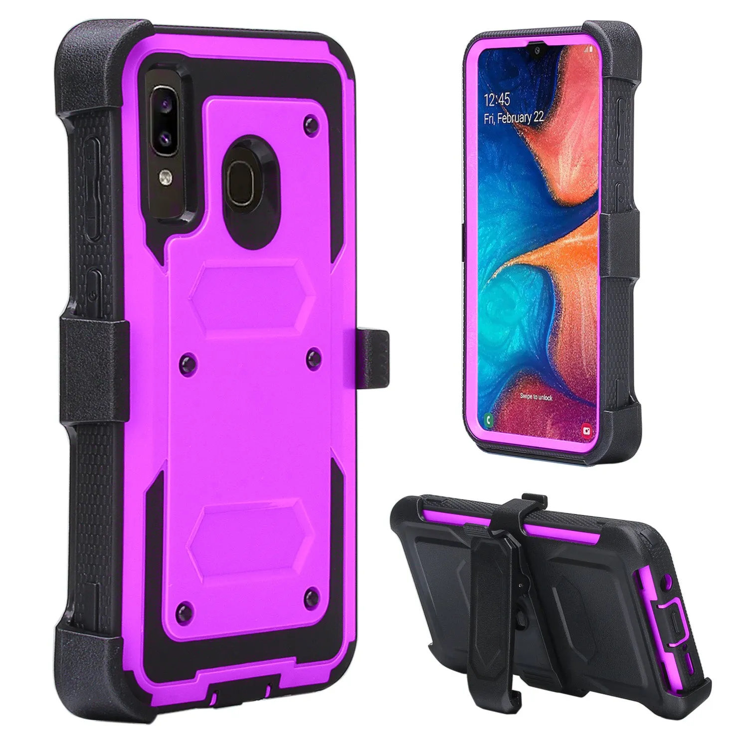Samsung Galaxy A20 | A30 | A50 Case, Triple Protection 3-1 w/ Built in Screen Protector Heavy Duty Holster Shell Combo Clip Cover - Purple