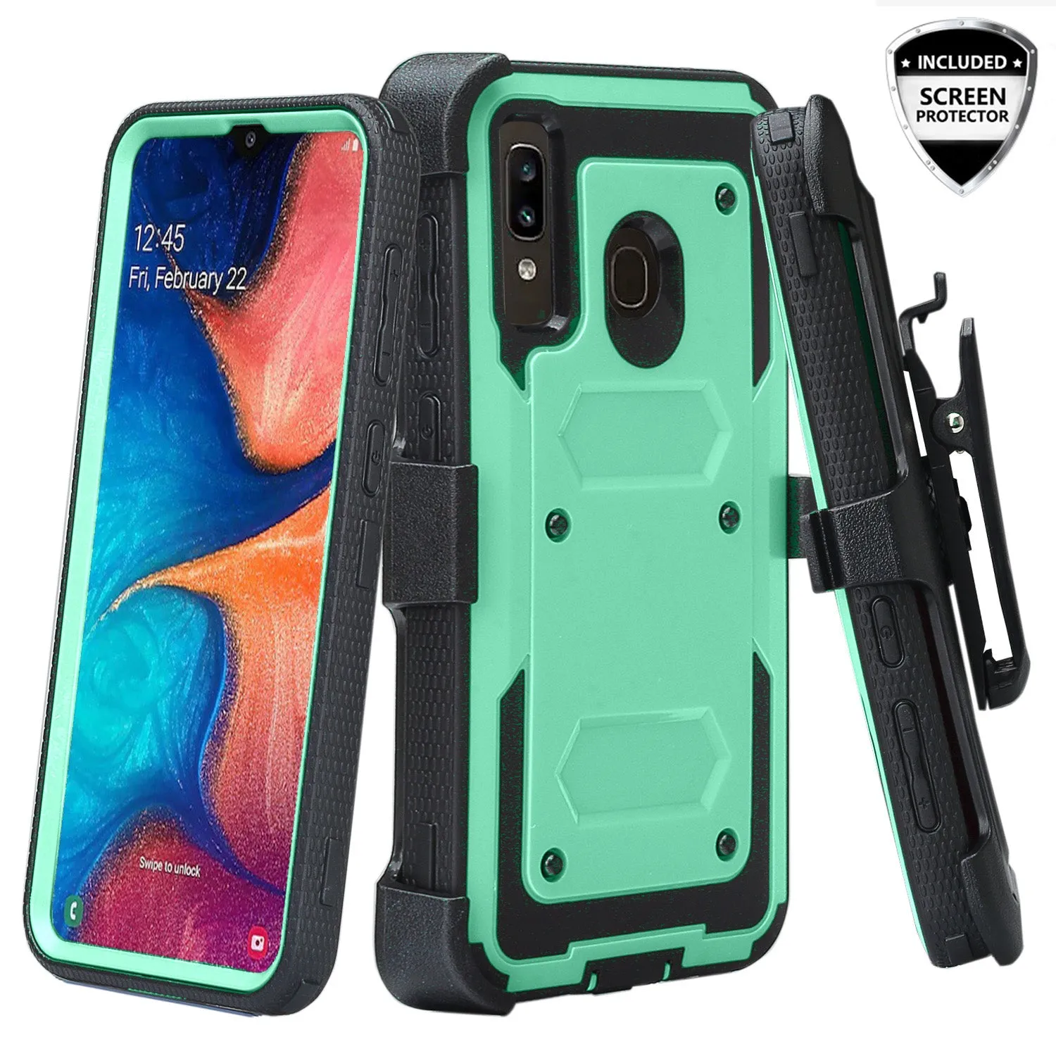Samsung Galaxy A20 | A30 | A50 Case, Triple Protection 3-1 w/ Built in Screen Protector Heavy Duty Holster Shell Combo Clip Cover - Teal