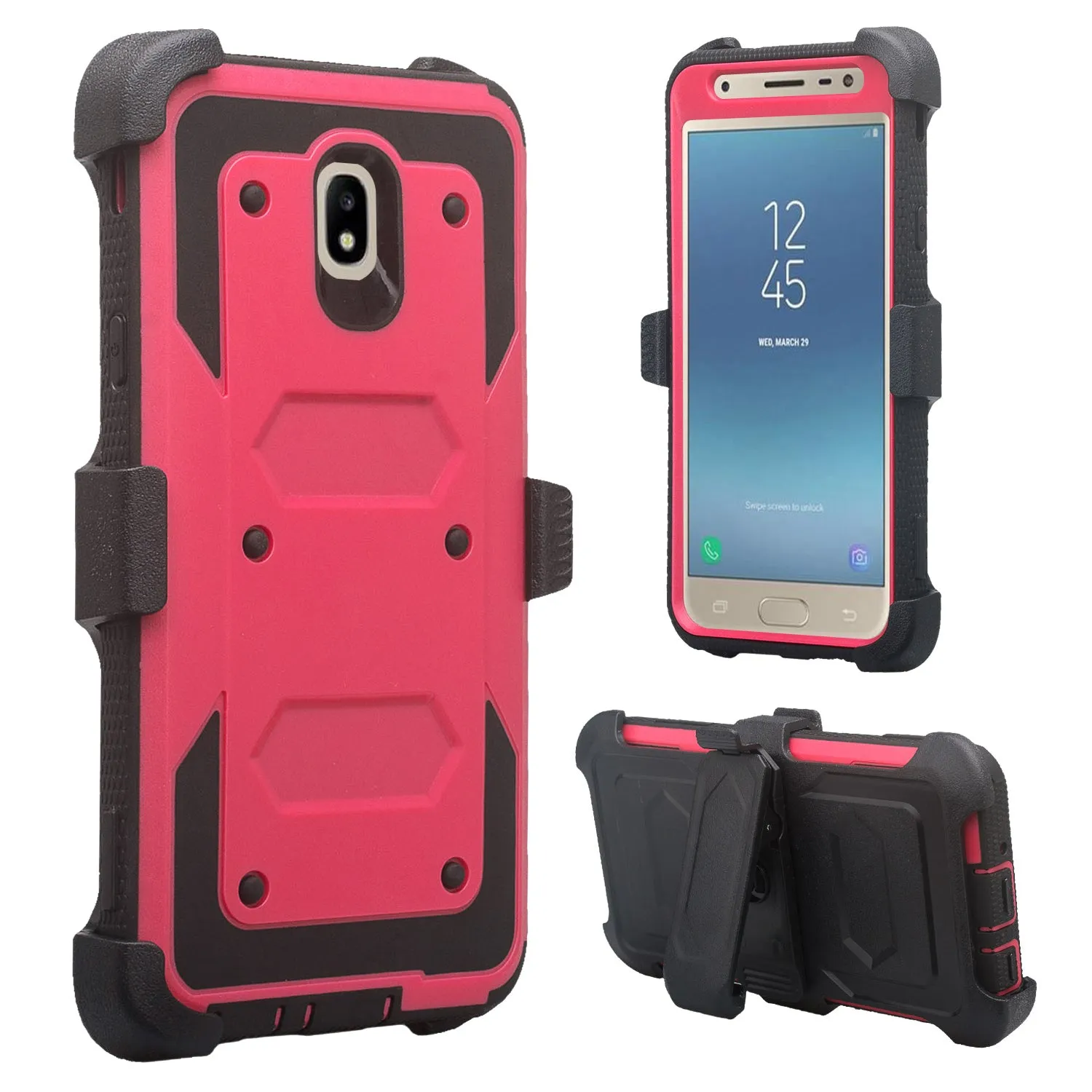 Samsung Galaxy J7 V 2nd Gen/J7 Crown/J7 Top/J7 2018/J7 Star/J7 Achieve/J7 Refine/J7 Aero/J7 Aura Case, Triple Protection 3-1 w/ Built in Screen Protector Heavy Duty Holster Shell Combo Case - Hot Pink
