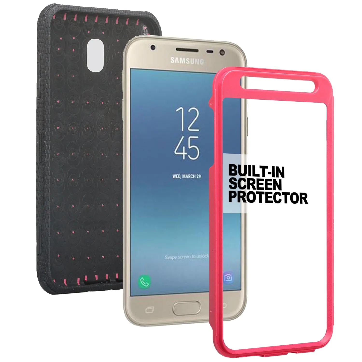 Samsung Galaxy J7 V 2nd Gen/J7 Crown/J7 Top/J7 2018/J7 Star/J7 Achieve/J7 Refine/J7 Aero/J7 Aura Case, Triple Protection 3-1 w/ Built in Screen Protector Heavy Duty Holster Shell Combo Case - Hot Pink