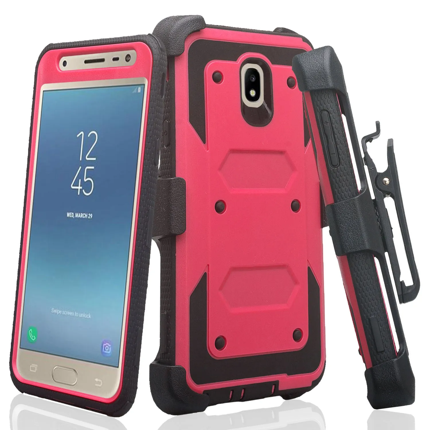 Samsung Galaxy J7 V 2nd Gen/J7 Crown/J7 Top/J7 2018/J7 Star/J7 Achieve/J7 Refine/J7 Aero/J7 Aura Case, Triple Protection 3-1 w/ Built in Screen Protector Heavy Duty Holster Shell Combo Case - Hot Pink