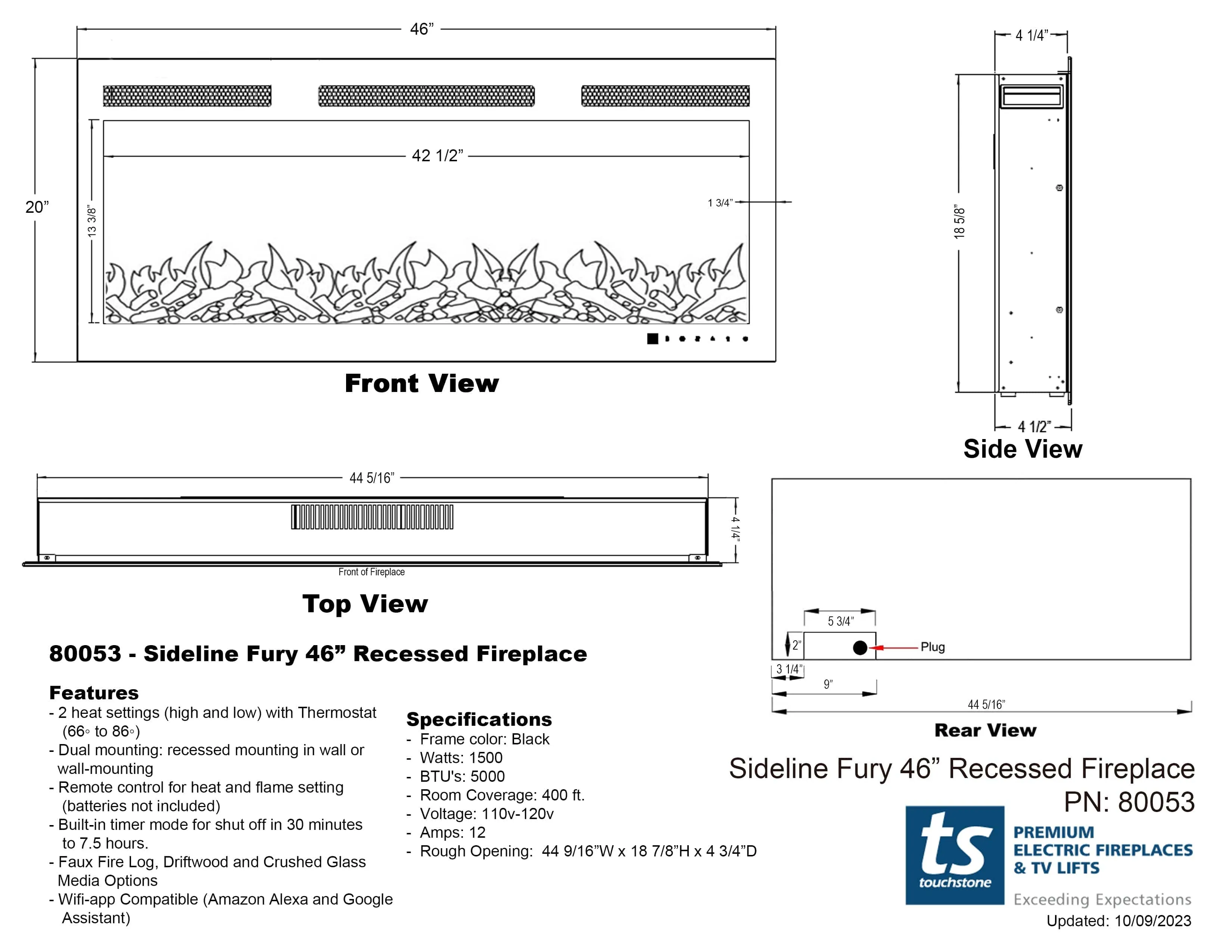 Sideline Fury Refurbished 46 Inch Slim-Depth Recessed Smart Electric Fireplace 80053