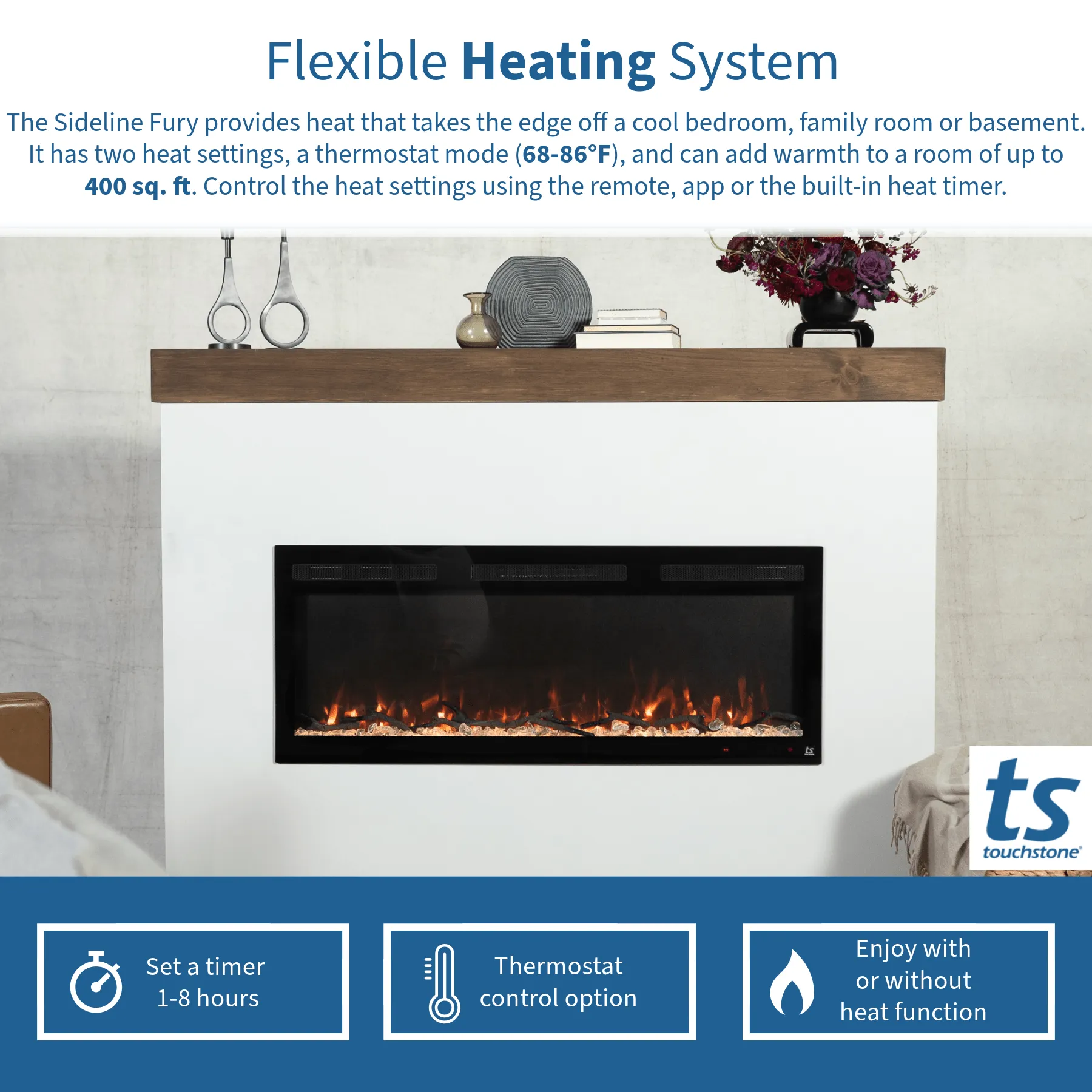 Sideline Fury Refurbished 46 Inch Slim-Depth Recessed Smart Electric Fireplace 80053
