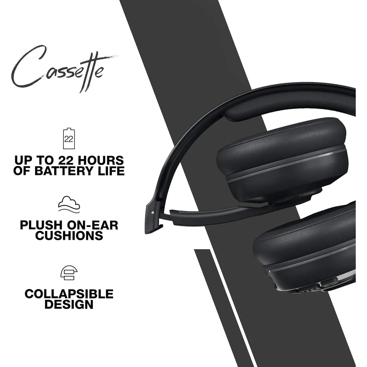 Skullcandy Cassette On-Ear Wireless Headphones, 22 Hr Battery, Microphone, Works with iPhone Android and Bluetooth Devices - Black