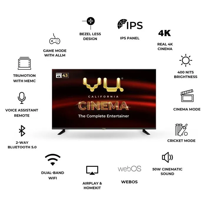 Vu Cinema 108 cm (43 inch) Ultra HD (4K) LED Smart WebOS TV 2024 Edition ( 43 CINEMA ) With 3 Years Warranty