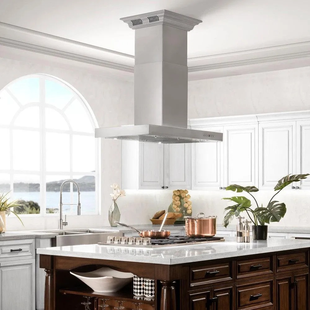 ZLINE Island Mount Range Hood in Stainless Steel with Built-in CrownSound Bluetooth Speakers (KE2iCRN-BT)