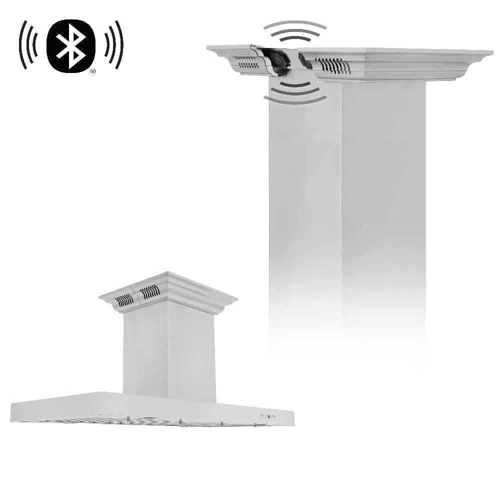 ZLINE Island Mount Range Hood in Stainless Steel with Built-in CrownSound Bluetooth Speakers (KE2iCRN-BT)